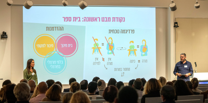 טליה זורוף ואיתי וייס מציגים את התרגיל הקבוצתי (צילום: סימנים הפקות)